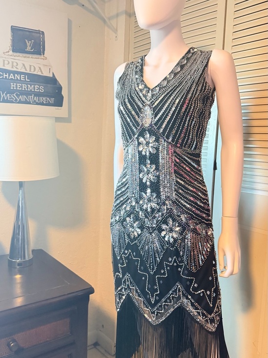 Unique Vintage Dresses & Skirts - Unique Vintage Black Beaded 1920s‎ Flapper Fringe Dress Size S